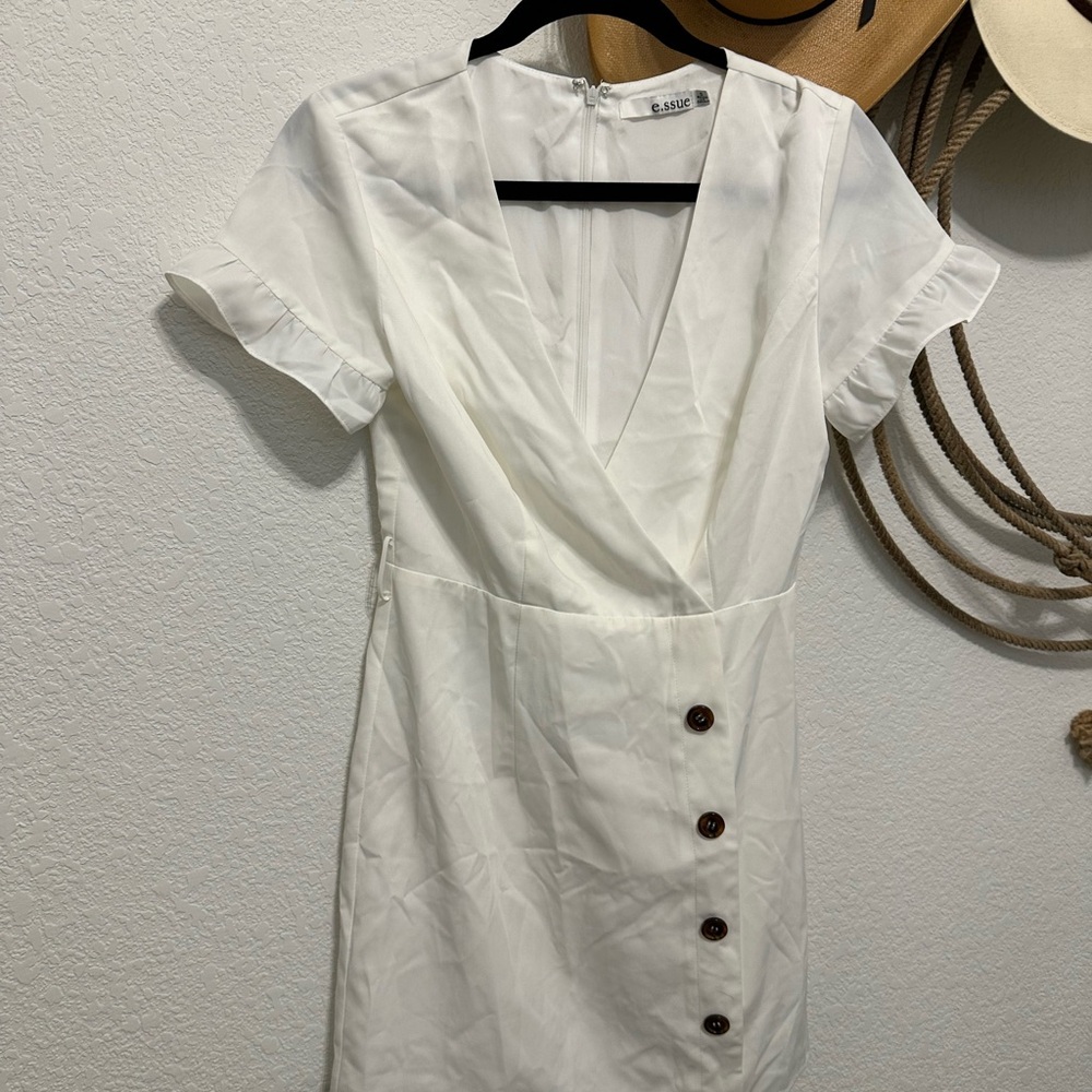 Essue Cream Wrap Mini Dress with Button Accents